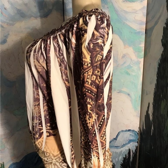 SereNade Brown Artsy Print Shirred Neck/ Hem Top - Picture 5 of 6